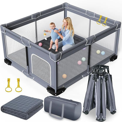Foldable Baby Playpen with Mat, Extra Large Playpen for Babies and Toddlers with Gate, Portable Baby Yard, Indoor & Outdoor Play Area 71"x59"
