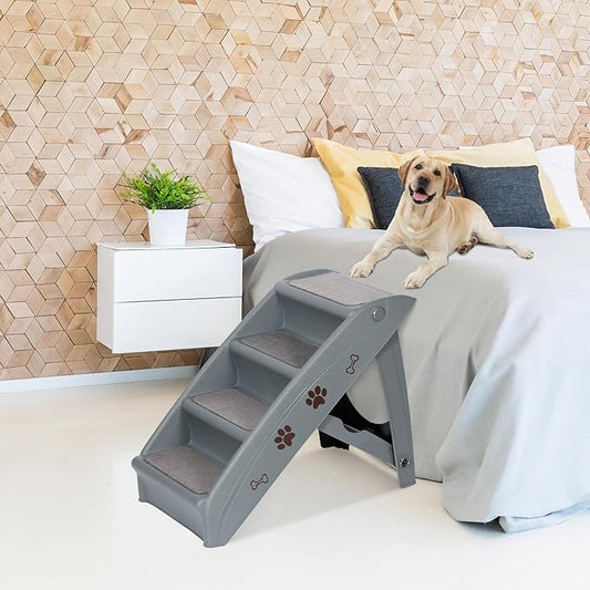 Foldable Pet Stairs with Non-Slip Surface, Portable Dog Steps Ramp for High Beds, Couches, Cars and SUVs, Support Up to 150lbs, Waterproof, Grey