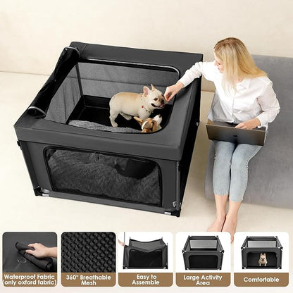 EHEYCIGA 42x42x26 Inches Puppy Playpen with Top Cover for Dogs & Cats Indoor or Outdoor - Dog Playpen with Door, Dog Fence for Small Animal with Heavy-Duty Oxford & Steel Frame, Dark Grey
