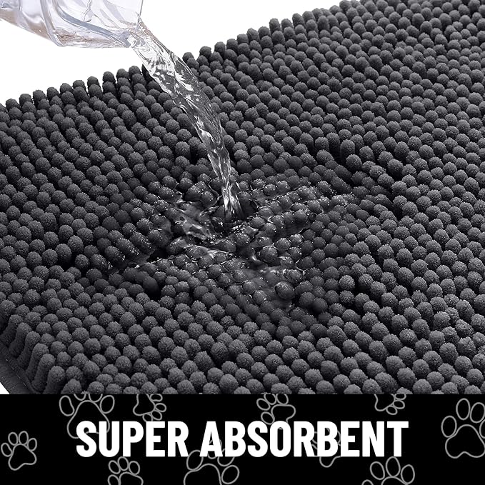 Smiry 2 Piece Dog Door Mat for Muddy Paws, Absorbent Dirt Trapper Non Slip Quick Dry Washable Chenille Mat for Mud Dogs, Entry Rug for Indoor and Outdoor (30x20 Inches, Dark Grey)