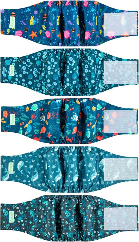 wegreeco Small Dog Diapers Male,Reusable Belly Bands for Male Dogs,Washable Doggie Puppy Diapers Wraps,Medium Large Size (5 Pack Large, Marine Animal)