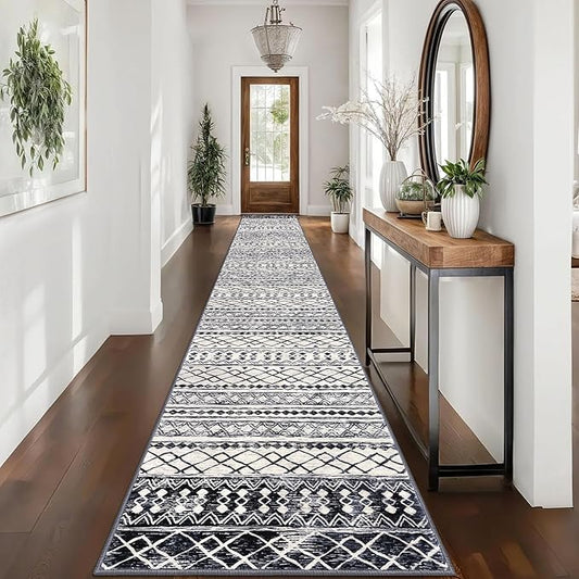 KUTA Boho Runner Rug for Hallway 2.6x16 Moroccan Washable Black Navy Blue Rugs Non-Slip Vintage Long Kitchen Runners Soft Geometric Floor Carpet for Bedroom Laundry Living Room