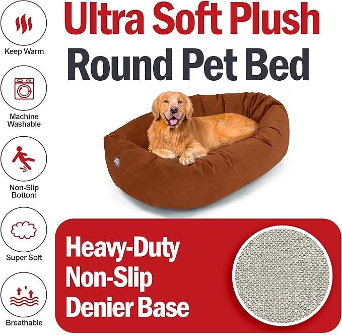 Majestic Pet 40 Inch Suede Calming Dog Bed Washable – Cozy Soft Round Dog Bed with Spine Support for Dogs to Rest Their Head - Fluffy Donut Dog Bed 40x29x9 (Inch) - Round Pet Bed Large – Rust (2025)