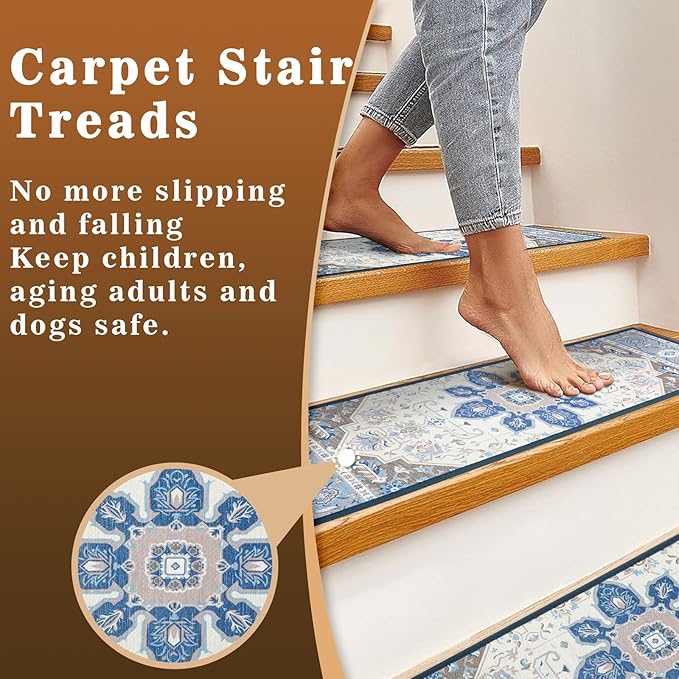 15Pcs Stair Treads for Wooden Steps Indoor with Self Adhesive, 8"x30" Non Slip Stair Treads Stair Carpet Runner, Resistant Indoor Runner for Kids、Elders and Pets,White and Brown