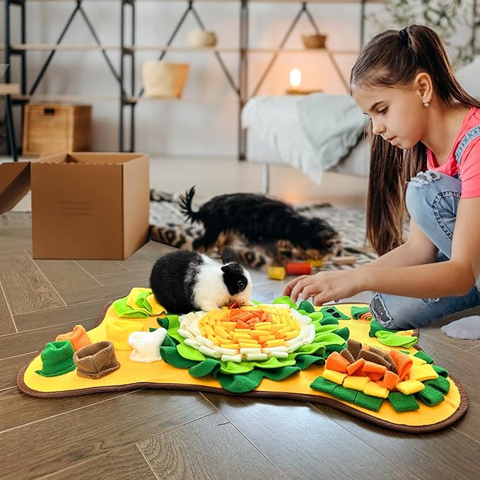 Rabbit Foraging Mat Snuffle Mat, Interactive Bunny Toys Feed Game for Boredom, Small Pet Puzzle Toy, Yuoaes 17.3" x 25.5" Polar Fleece Nosework Feeding Mat for Rabbits, Guinea Pigs, Ferrets