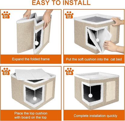 Loyareal Cat Houses for Indoor Cats - Large Cat Bed Cave with Scratch Pad and Fluffy Ball, Foldable Cat Condo Hideaway with Reversible Cushion for Multi Small Pet, Khaki