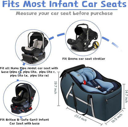 Infant Car Seat Travel Bag for Airplane Compatible with All Nuna Pipa Car Seat and Base,Chicco KeyFit 30 and Base, Padded Car Seat Bags for Air Travel,Car Seat Gate Check Bag with Side Pocket, Blue