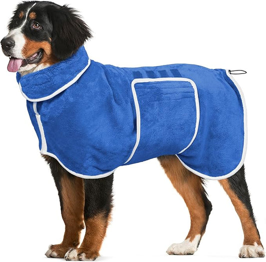 Dog Bathrobe Towel Dog Drying Coat - Super Absorbent Towels Bath Robe for Dogs Large, Soft Adjustable Collar & Belly Strap Fast Drying Coat Pet Cat Bath Robe (Medium Blue‌, Large)