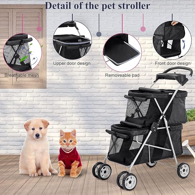 TTY Store Best 4 Wheels Pet Stroller Double Decker Seats Foldable Jogge for Small Medium Dogs & Cats or Other Kitten Puppy Travel Cage w/Cup Holders Removable Liner, Black, 30 x 20 x 40 Inch