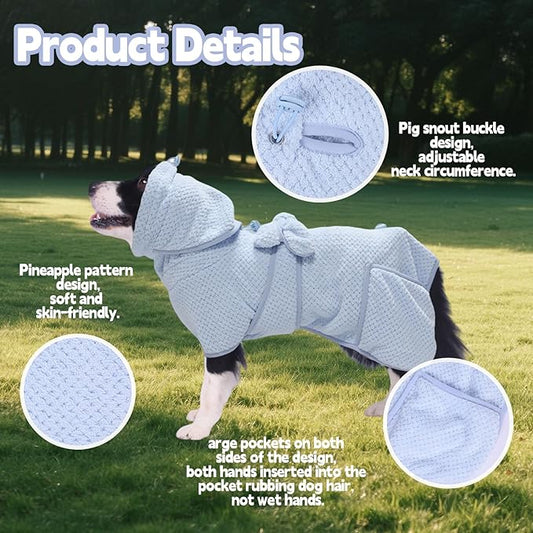 Super Absorbent Dog Bathrobe Pineapple Soft Fast Drying Dogs Towel Robe Adjustable Drying Coat for After Bath with Hood (Pineapple Blue, Large)