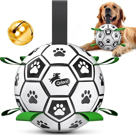 QDAN Dog Soccer Balls Toy with Bell Inside, Outdoor Interactive Dog Toys, Durable Ropes Squeaky Ball for Medium Large Dogs (8 Inch)