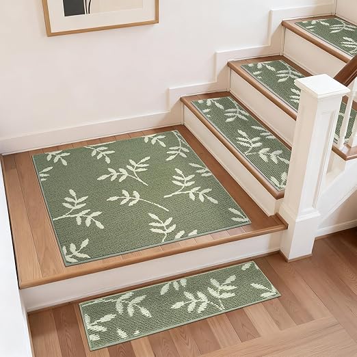 Carpet Stair Treads, Non-Slip Landing Mat for Wooden Steps Indoor, 30"x 30" Peel and Stick Soft Stair Rugs for Pets Non Skid Wood Staircase Step Treads Reusable, Green