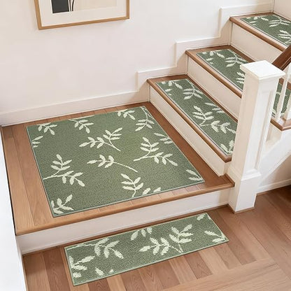 Carpet Stair Treads, Non-Slip Landing Mat for Wooden Steps Indoor, 30"x 30" Peel and Stick Soft Stair Rugs for Pets Non Skid Wood Staircase Step Treads Reusable, Green
