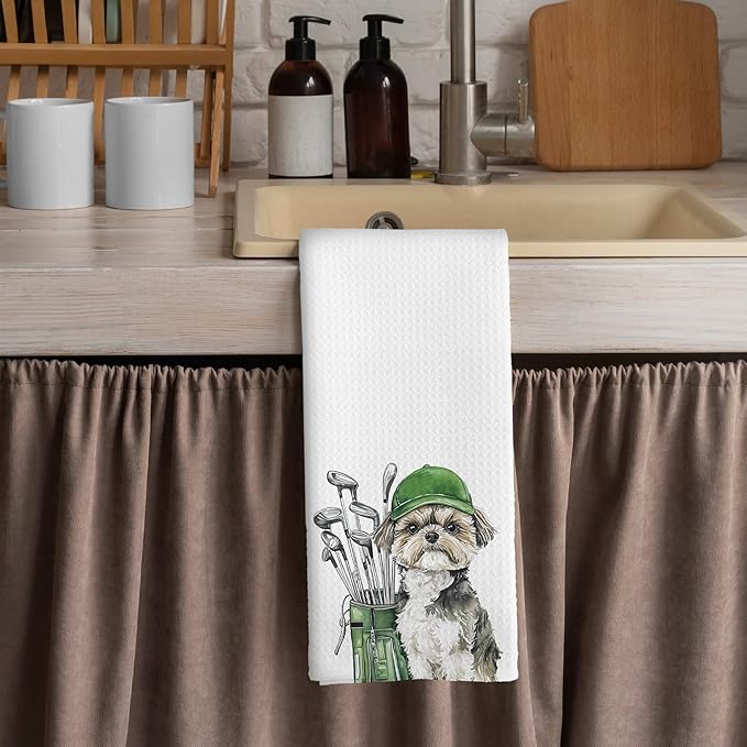 Golf Dog Kitchen Towels - Shih Tzu Dish Towels, Sports Gifts, Pet Golf Club Decorative Absorbent Dishcloths Hand Towels for Kitchen Gym Spa Decor 16x24 Inches