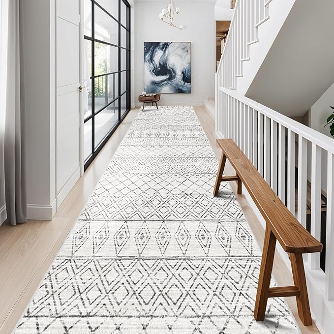 2'6"x14' Runner Rug Moroccan Washable - Hallway Rugs Non Slip Bedroom Rug Runners Soft Long Kitchen Carpet with Rubber Backing Low Pile Vintage Floor Mats for Entryway 2'6"x14' Geo Grey