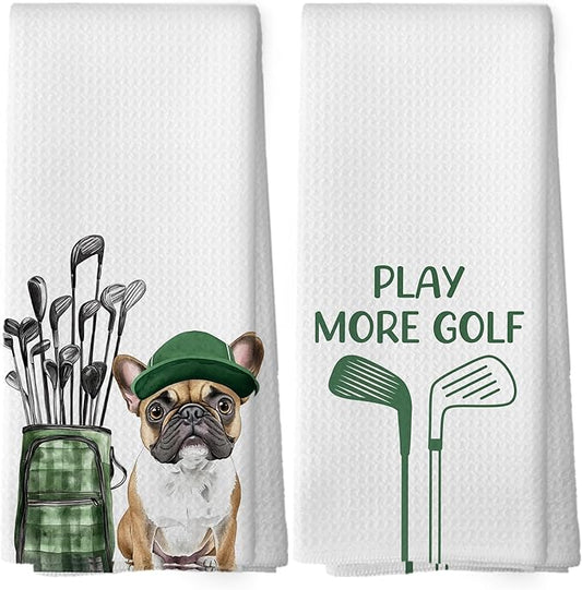 Golf Dog Kitchen Towels - French Bulldog Dish Towels, Sports Gifts, Pet Golf Club Decorative Absorbent Dishcloths Hand Towels Set of 2 for Spa Kitchen Gym Decor 16x24 Inches