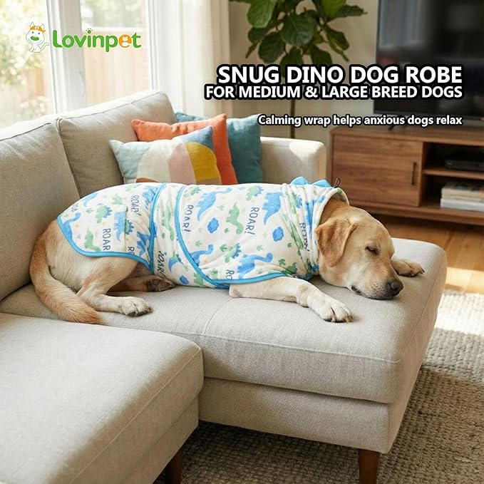 LovinPet 3‑in‑1 Dog Warm Winter Coat & Bathrobe, Hooded Dinosaur Fleece, Lightweight High‑Loft, Absorbent Knit, Quiet Hook‑and‑Loop, Wind‑Blocking Edges, Dog Robes for Medium & Large Dogs, White,2XL