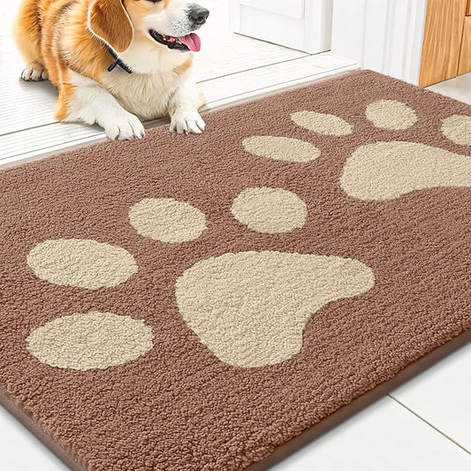 Smiry Dog Door Mat for Muddy Paws, Absorbs Moisture and Dirt, Low-Profile Entryway Mat with Non-Slip Backing, Entry Indoor Outdoor Doormat for Inside Floor (30x20 Inches, Camel, Paw)