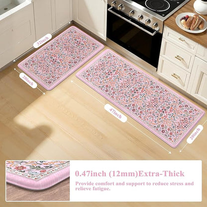 Collive Kitchen Mats Cushioned Anti Fatigue, Waterproof Kitchen Floor Mat Non Slip Desk Rugs Comfort Standing Rug for Sink, Office, Laundry, Home Decor, Pink