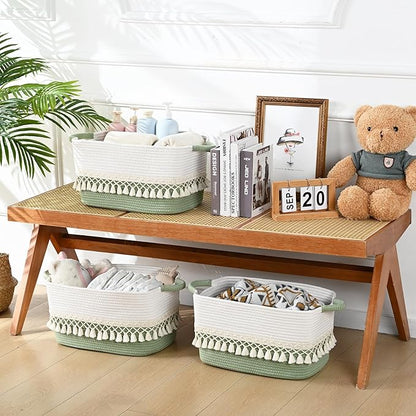 2 Pack Storage Basket, Heavy Tassel Woven Baskets for Storage, Boho Cotton Rope Storage Bin, Cube Organizer Bins, Baby Laundry Basket for Clothes, Toys, Diapers, Pets（White & Green）