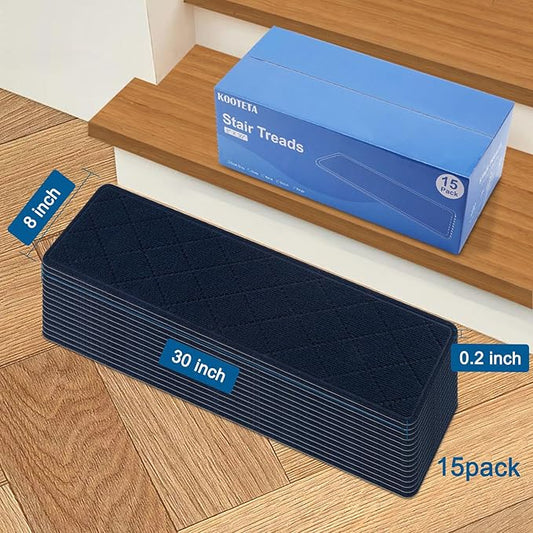 Stair Treads for Wooden Steps Indoor, 7 Pack 8" X 30" Non Slip Carpet Stair Treads with Reusable Adhesive for Kids Elders and Dogs, Surface Polyester TPR Backing Stair Rugs,Navy