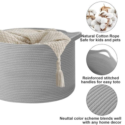 115L Large Blanket Basket,23.6" L x 23.6" W x 15.7" H Rope Woven Baskets with Handles, Toys Storage Bins,Laundry Basket Perfect for Living Room, Nursery,Bedroom,Home Organization,Light Gry