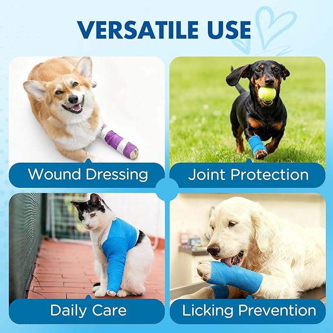 LotFancy 10 Rolls Self Adhesive Vet Wrap, 3 Inch Cohesive Bandage Wrap for Horses, Dogs, Cats, Pet, Animal, Non-Woven Medical First Aid Tape for Wounds, Paw, Leg, Foot, Ankle Sprains & Swelling
