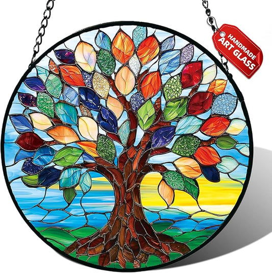 Stained Glass Window Hanging, Colorful Tree of Life Suncatcher for Door Home Decor, Glass Panel Sunrise Sun Catcher Ornament Mother's Day Birthday Gifts for Women Men Mom 7.8 in