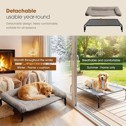 Elevated Dog Bed with Removable Bolster Cushion Mat, Raised Pet Cot for Medium Sized Dog with Breathable & Washable Mesh, Indoor & Outdoor Pet Hammock with Skid-Resistant Feet.