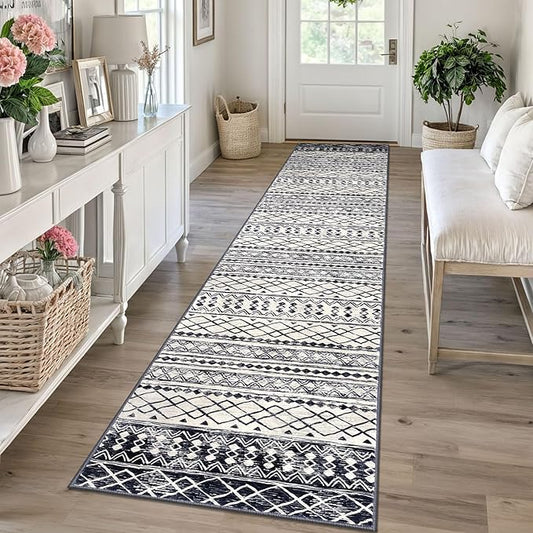 KUTA Moroccan Washable Runner Rug, 2x10 Non-Slip Vintage Black Navy Blue Boho Hallway Kitchen Runners Ultra Soft Distressed Geometric Floor Carpet Rugs for Bedroom Laundry Living Room