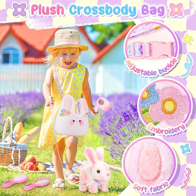 Easter Hopping Bunny Toy for Kids with Crossbody Bags, Interactive Wiggle Ears Rabbit Toy for Girls Trip Pretend Play Robot Pet Care Cute Stuff Plushies Birthday Gifts Easter Basket Stuffers
