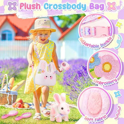 Easter Hopping Bunny Toy for Kids with Crossbody Bags, Interactive Wiggle Ears Rabbit Toy for Girls Trip Pretend Play Robot Pet Care Cute Stuff Plushies Birthday Gifts Easter Basket Stuffers