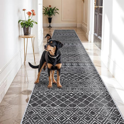 Washable Runner Rugs 3x16 - Long Hallway Runner Rug Low Pile Rug with Non Slip Backing Floor Mat Moroccan Indoor Carpet for Kitchen Bedroom Entryway 3x16 Black