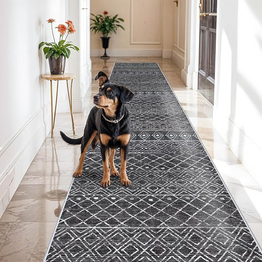 Washable Runner Rugs 3x16 - Long Hallway Runner Rug Low Pile Rug with Non Slip Backing Floor Mat Moroccan Indoor Carpet for Kitchen Bedroom Entryway 3x16 Black