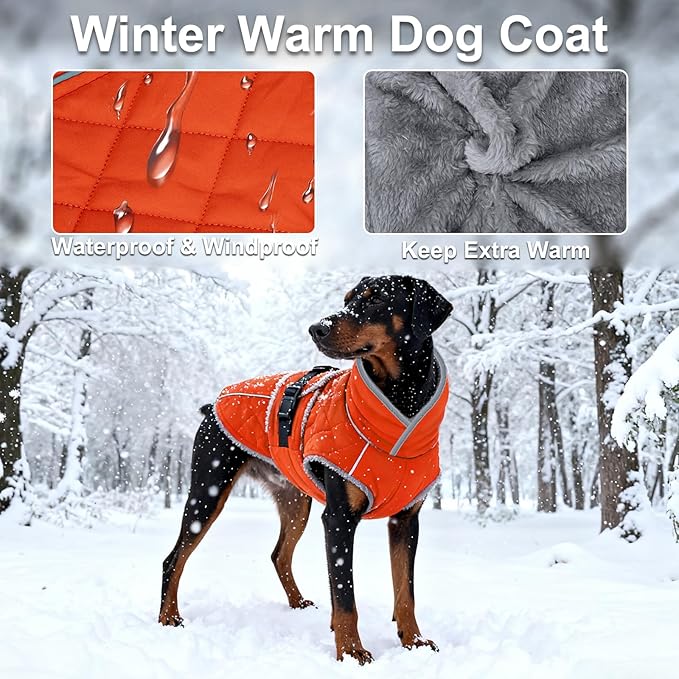 Dog Coat, Warm Dog Winter Coat for Medium Dogs, Waterproof Jacket with Adjustable Buckle & Velcro, Reflective Turtleneck Cold Weather Coats, Pet Fleece Vest Snow Jacket (Orange, XXXL)