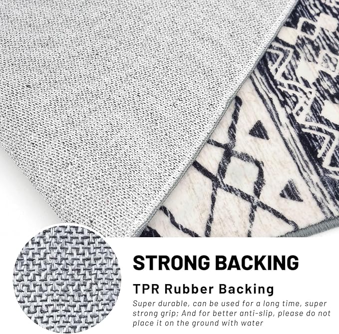 KUTA Boho Runner Rug for Hallway 2.6x16 Moroccan Washable Black Navy Blue Rugs Non-Slip Vintage Long Kitchen Runners Soft Geometric Floor Carpet for Bedroom Laundry Living Room