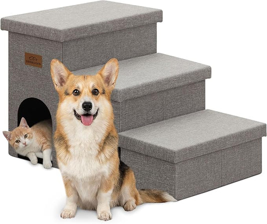 Dog Stairs 18" H, 3-Step Wider Dog Steps for High Beds Couch, Folding Storage Pet Stairs Gift for Small/Medium/Large Old Dogs Cats, Ramp for Climbing Car Up to 200 lbs, (Gray, with Condo)