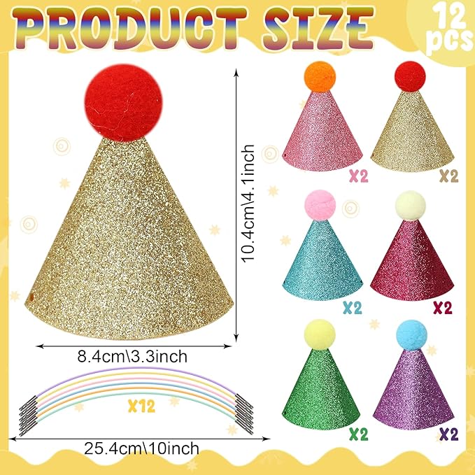 12 Pack Mini Party Hats for Stuffed Animals, Birthday Party Cone Hats Dolls Dog Cat Puppies Gittter Sequin Mni Hats for Assorted Animal Plush Toy Decorations - No Assembly Required