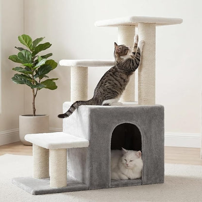 Heybly Pet Stairs for Cats, 29.5 inch High Dog Steps for Small Doggie Rabbits, 9.8''Depth Cat Stairs, Indoor Cat Ladders for High Bed for Pet's Joints, 1 Condo Cave, 6 Sisal Scratcher HSP002SWWH