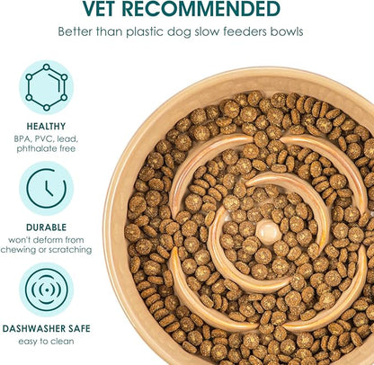 vancasso Slow Feeder Dog Bowl, 1.5 Cups Ceramic Slow Feeder for Medium Breed, Puzzle Maze Dog Food Bowl for Fast Eater, Khaki