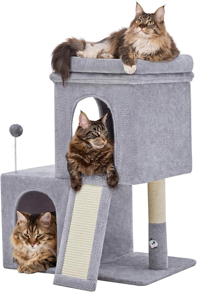 Woochpet 32inch Tall Cat Tree with 2 cat condo for Adult Cats Cozy Cat Tower with Scratching Post and Scrather Board for Cats of Different Ages.（Light Grey）