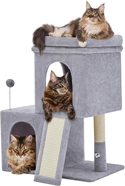 Woochpet 32inch Tall Cat Tree with 2 cat condo for Adult Cats Cozy Cat Tower with Scratching Post and Scrather Board for Cats of Different Ages.（Light Grey）