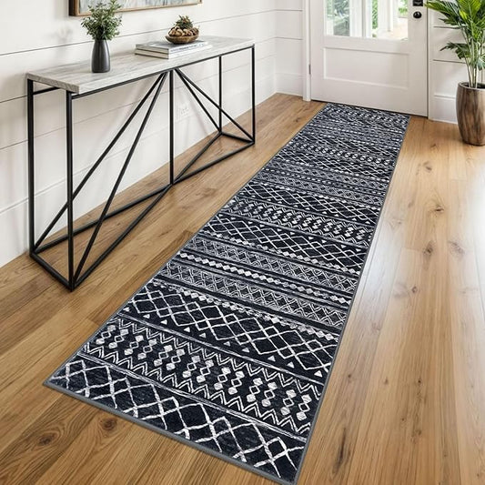 KUTA Boho Runners for Hallways 2x8 Black Moroccan Washable Runner Rug Non-Slip Vintage Kitchen Rugs Ultra Soft Distressed Geometric Floor Carpet for Bedroom Laundry Living Room