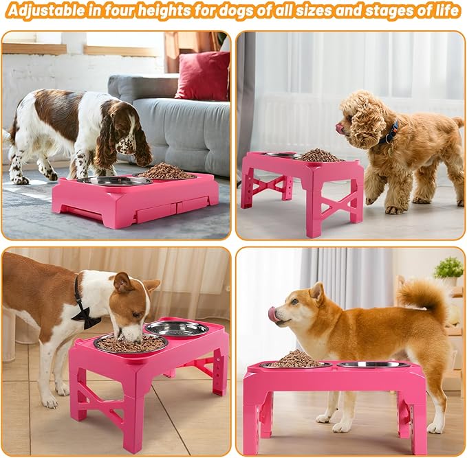 Hubulk Elevated Dog Bowls with 2 Stainless Steel Food & Water Raised Bowls with No Spill Edge Non-Slip Stand Adjusts to 5 Heights(3.2", 8.77", 9.9",11.1", 12.3")for Small Medium Large Dog and Pet Pink