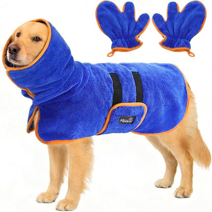 Mihachi Dog Bathrobe Towel Wrap Fast Drying with Drying Gloves Set, Super Absorbent Coral Fleece Dog Drying Coat Bath Robe for Puppy, Medium & Large Dogs, Adjustable Collar & Belly Strap, Blue L