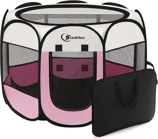 Pink Dog Cat Playpen, Puppy Pet Playpen Indoor for Small Dog Crate Tent Cage Outdoor, Portable Pop Up Dogs Enclosure Kennel with Carrying Case for Dogs/Cats/Rabbits
