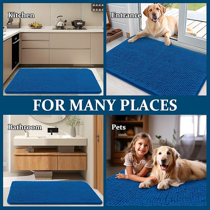 OLANLY Dog Door Mat for Muddy Paws 34x21, Absorbs Moisture and Dirt, Absorbent Non-Slip Washable Doormat, Quick Dry Chenille Mud Mat, Entry Indoor Entryway Carpet for Inside Floor, Deep Navy Blue