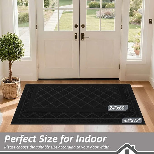 BEQHAUSE Dirt Trapper Door Mat 24" x 60", Doormat Non-Slip Entryway Rugs Washable, Dog Door Mat Stain Resistant and Absorbent Welcome Floor Mat for Front Back Door, Mud Wet Shoes & Paws, Black
