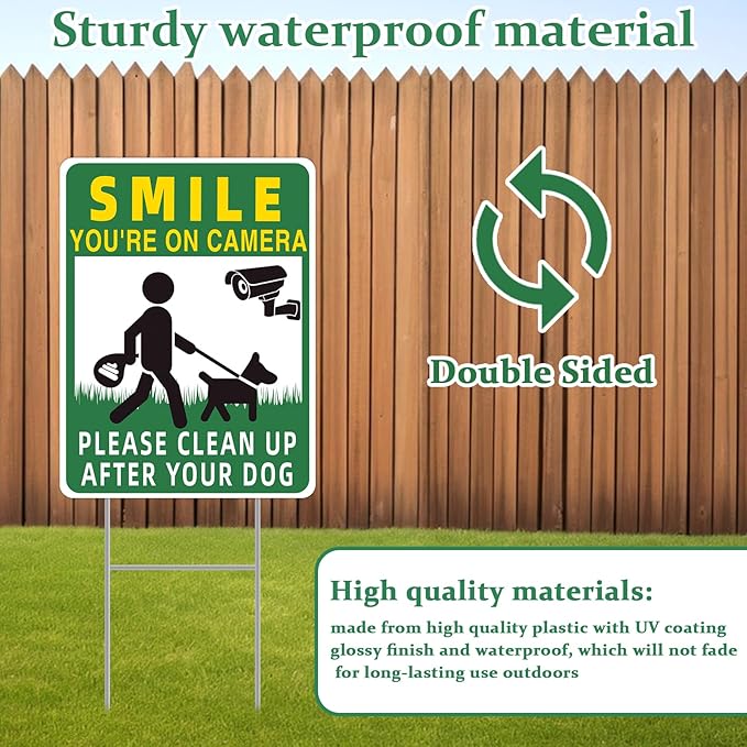 Clean UP After Your Dog Signs, 2-Pack 13"x10" Double-Sided H-Stake Metal Stakes Smile Your on Camera Signs, No Pooping Dog Signs for Yard, Pick Up After Your Dog Sign