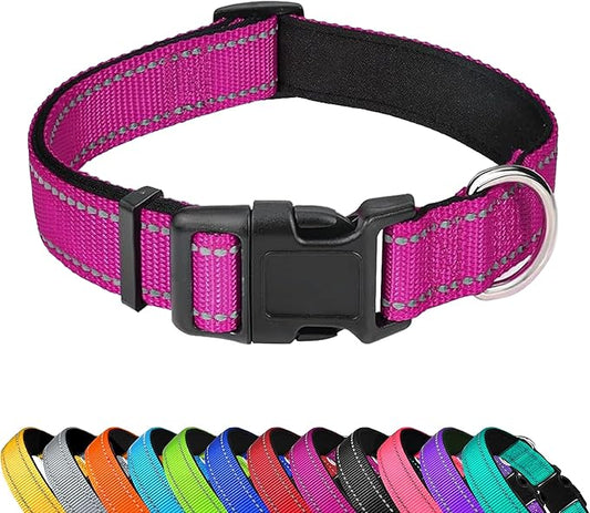 Reflective Dog Collar, Adjustable Soft Neoprene Padded Nylon Pet Collars with Buckle for Small Dogs, Rose Red,S